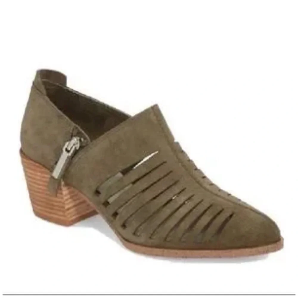 1. STATE ARNET OLIVE SUEDE LASER CUT POINTED TOE  HEELED ANKLE BOOTIE - Picture 14 of 14